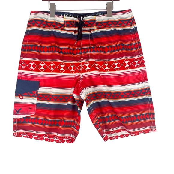American Eagle Board Shorts Swim Trunks Mens Large Red Orange Aztec Vacation - Picture 1 of 9